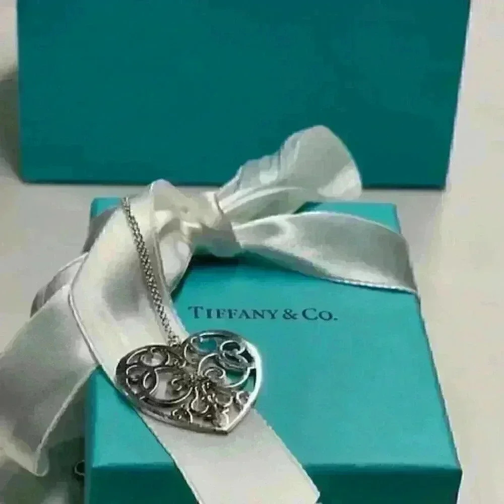 ⛓️💥 30" Tiffany Large Enchant Heart Filigree Pendant Necklace SS 925 + COA